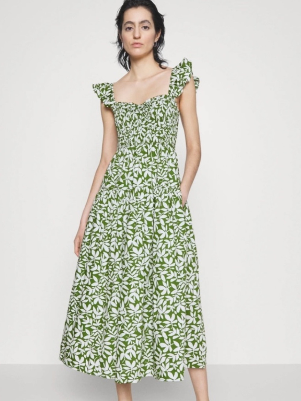 Abercrombie & Fitch Green White Floral Ruffle Strap Smocked Midi Dress L